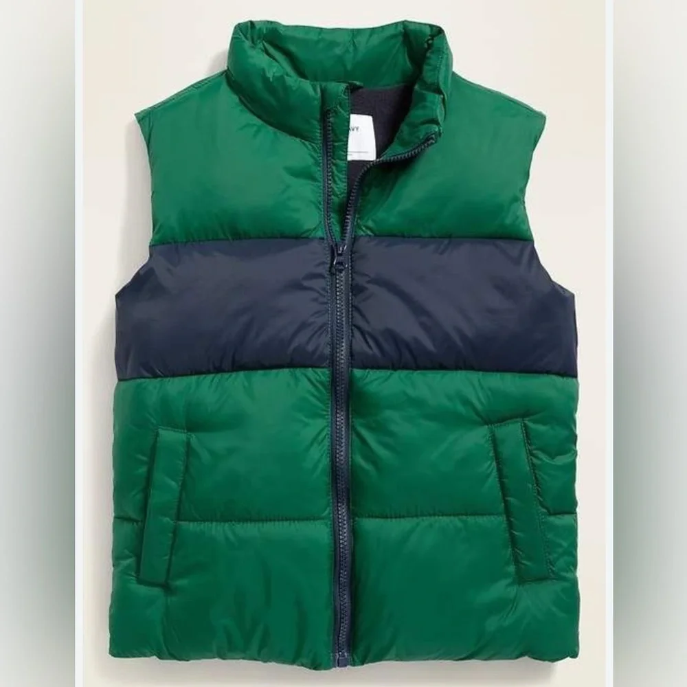 Old Navy Boys Frost-Free Puffer Vest Green Navy Quilted Size L 10-12